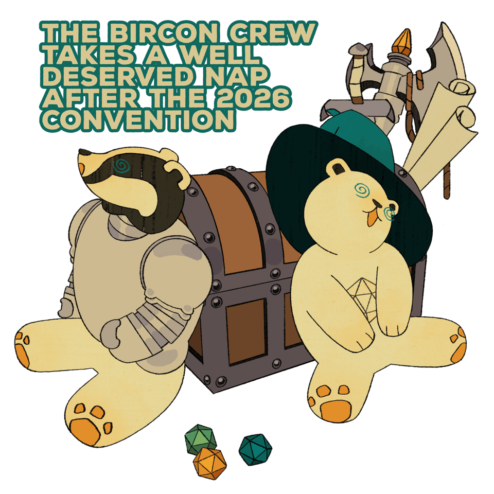The BIRCON crew takes a well deserved nap after the 2026 convention. Two anthropomorphic animal adventurers are collapsed against a treasure chest, completely exhausted.