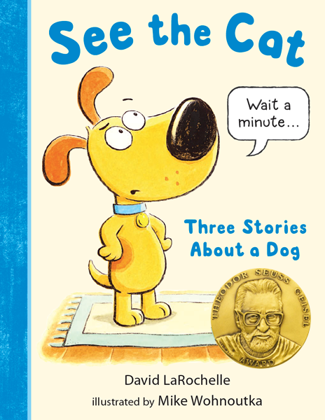 Cover of a children's book. Image: A cartoon dog stands on a rug looking up at the title of the book,