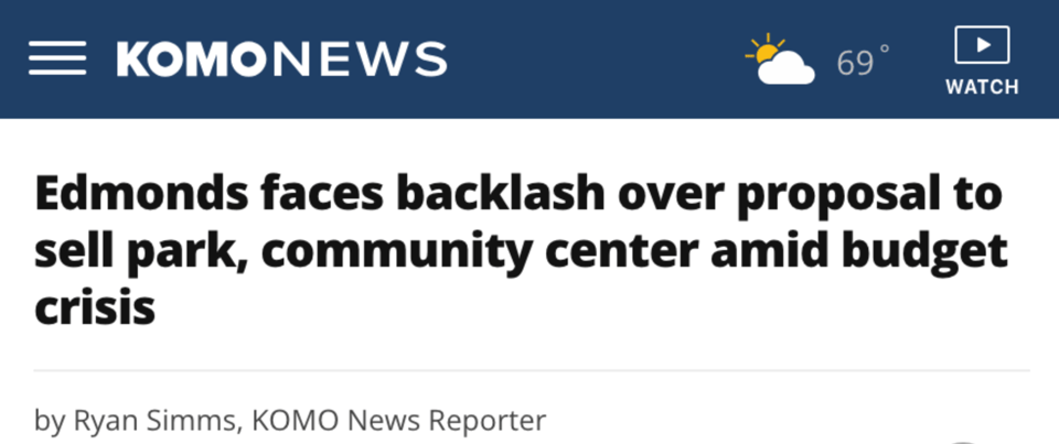 KOMO News headline about Edmonds exploring asset sales during budget crisis