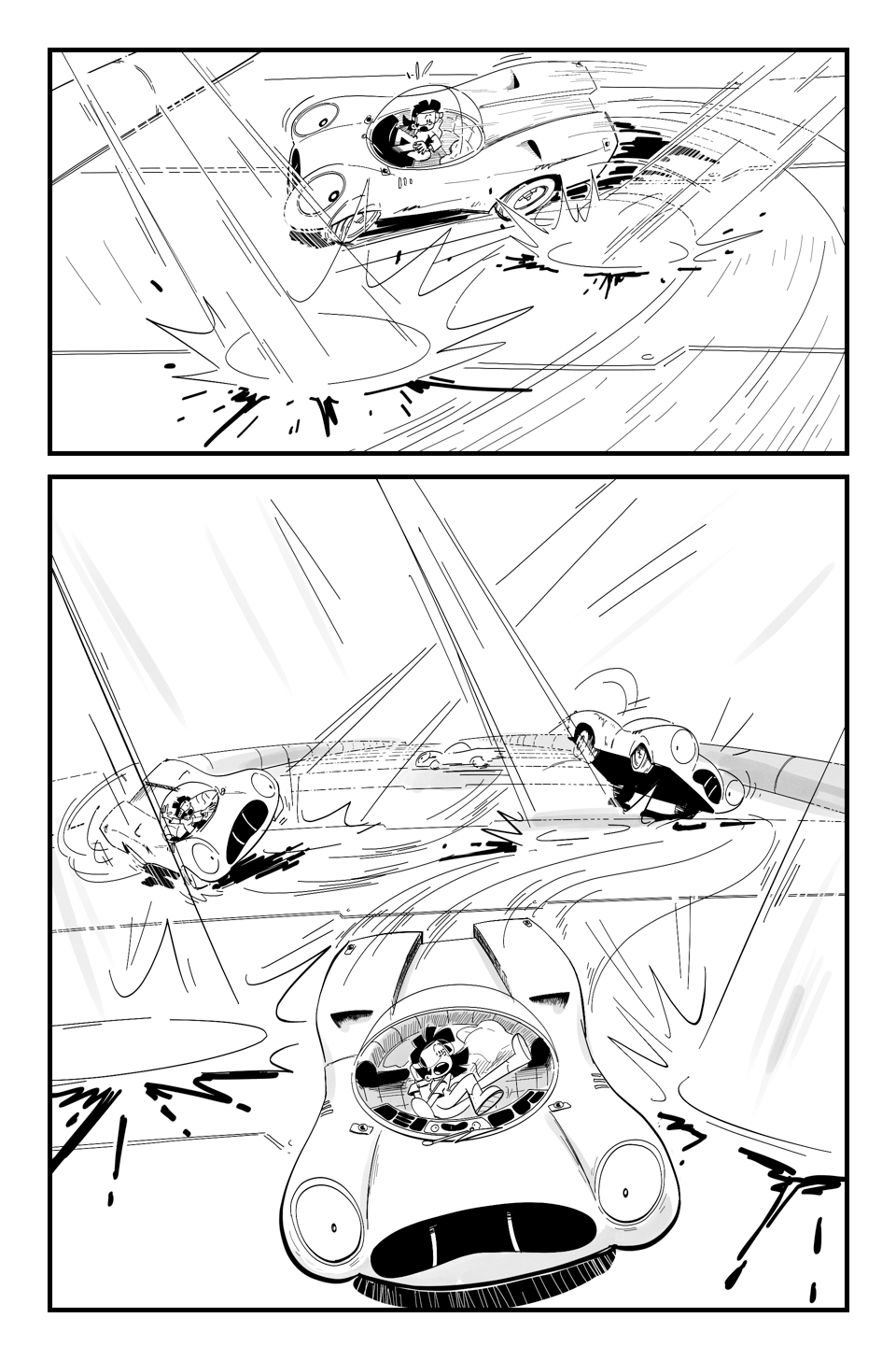 Worldracers Pg 8. Panel 1, Racecar whips around, sliding past two laser blasts. Panel 2 large panel, multiple poses of Racecar dodging laser blasts, lifting their wheels off the tack, coming closer to camera. Terrified look on their face. 