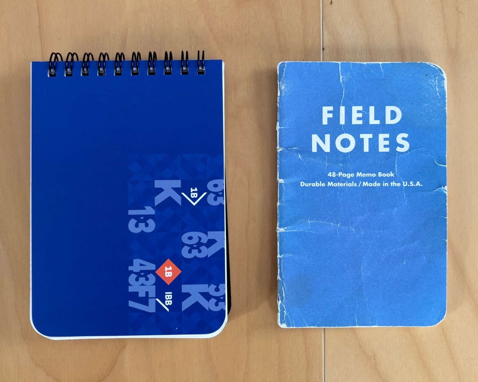 Prototype mini-scorebook compared to a Field Notes book