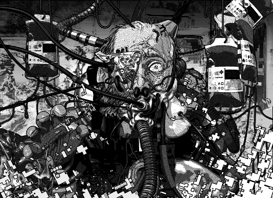 Pilot of a spaceship being integrated with machine parts and suffering from plague