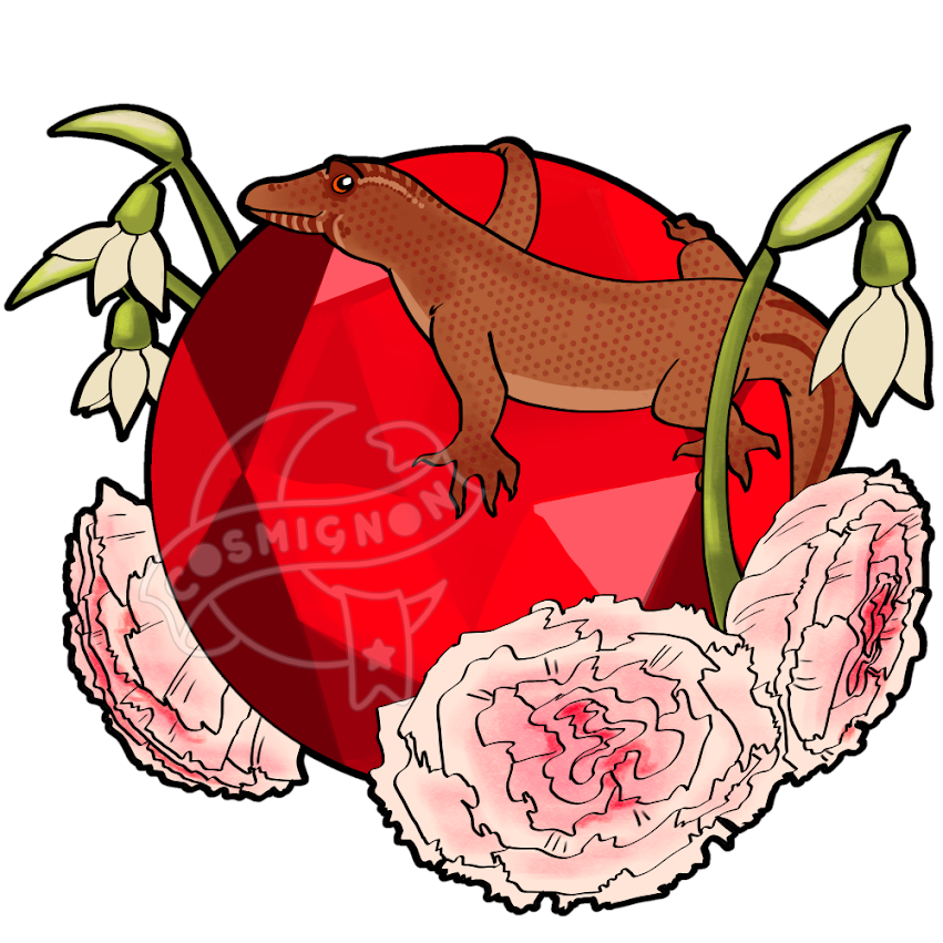 A gecko clinging to a garnet, which is surrounded by carnations and snowdrops.