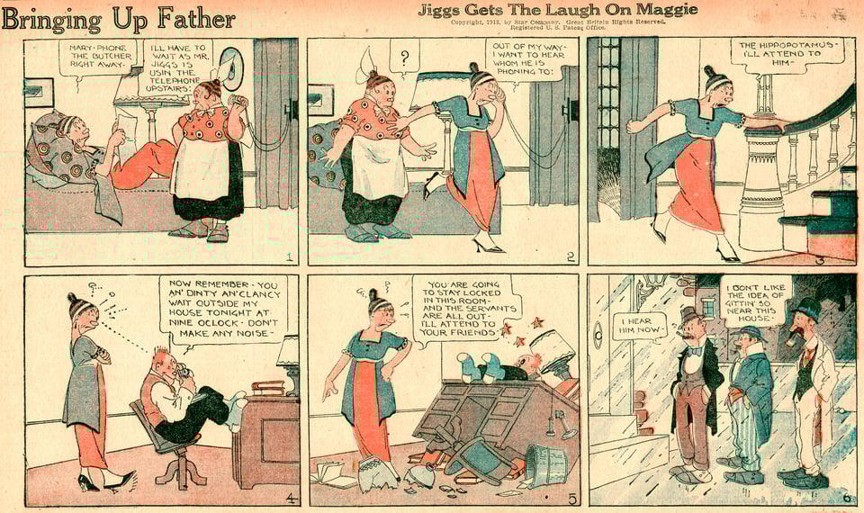 Bring Up Father cartoon showing six panels. Maggie finds out Jiggs has a plan to go out and socks him one.