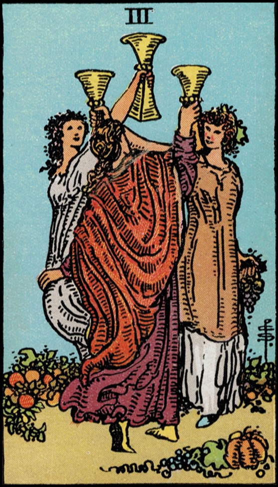 The Three of Cups card from the Smith-Waite tarot deck, which shows three women in robes raising goblets and dancing together. Kind of a Dionysian feel to it but then it's also very wholesome, a nice card all around.