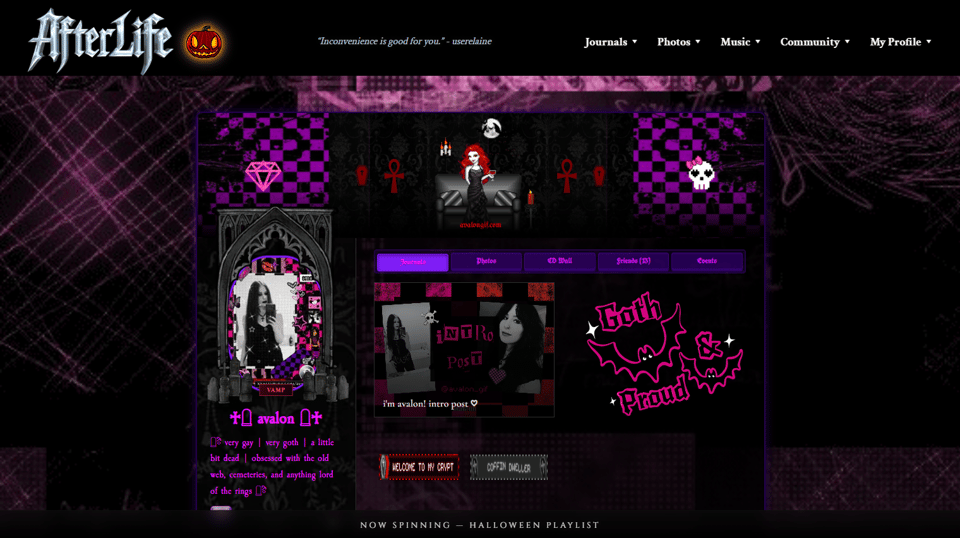 a customised profile page on xxafterlife.com, with VampireFreaks/Myspace vibes