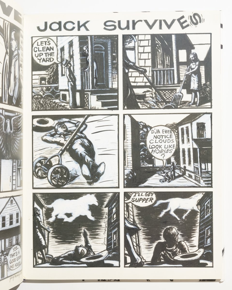 a page from Jack Survives by Jerry Moriarty. Jack cleans up the yard with his wife and then lies on the ground looking at clouds. He sees a horse in one of them