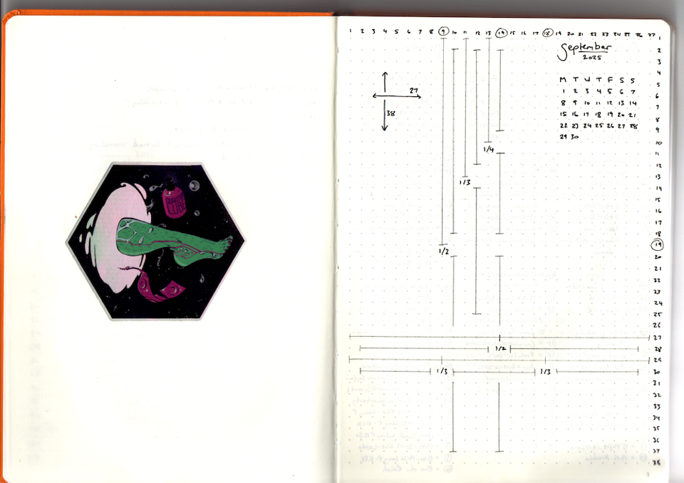 The first page of a bullet journal, with page dimension measurements and a mini-calendar for September 2025, and a hexagonal sticker on the facing page showing a leg sticking out of a portal