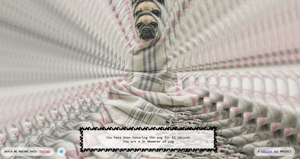A screenshot of the website "pug in a rug". It shows the slightly psychedelic image of a pug dog wrapped in a rug, overlaid on itself hundreds of times in a fashion that explodes outwards. It looks very trippy.