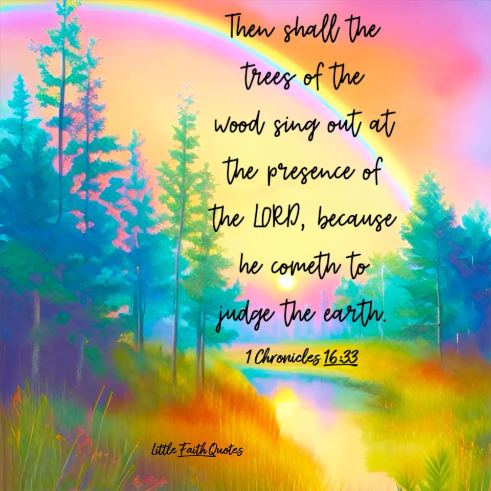 "Then shall the trees of the wood sing out at the presence of the LORD, because he cometh to judge the earth." ~1 Chronicles 16:33. The sun sets over a beautiful meadow filled with tall evergreen trees. Image by: @Little Faith Quotes.