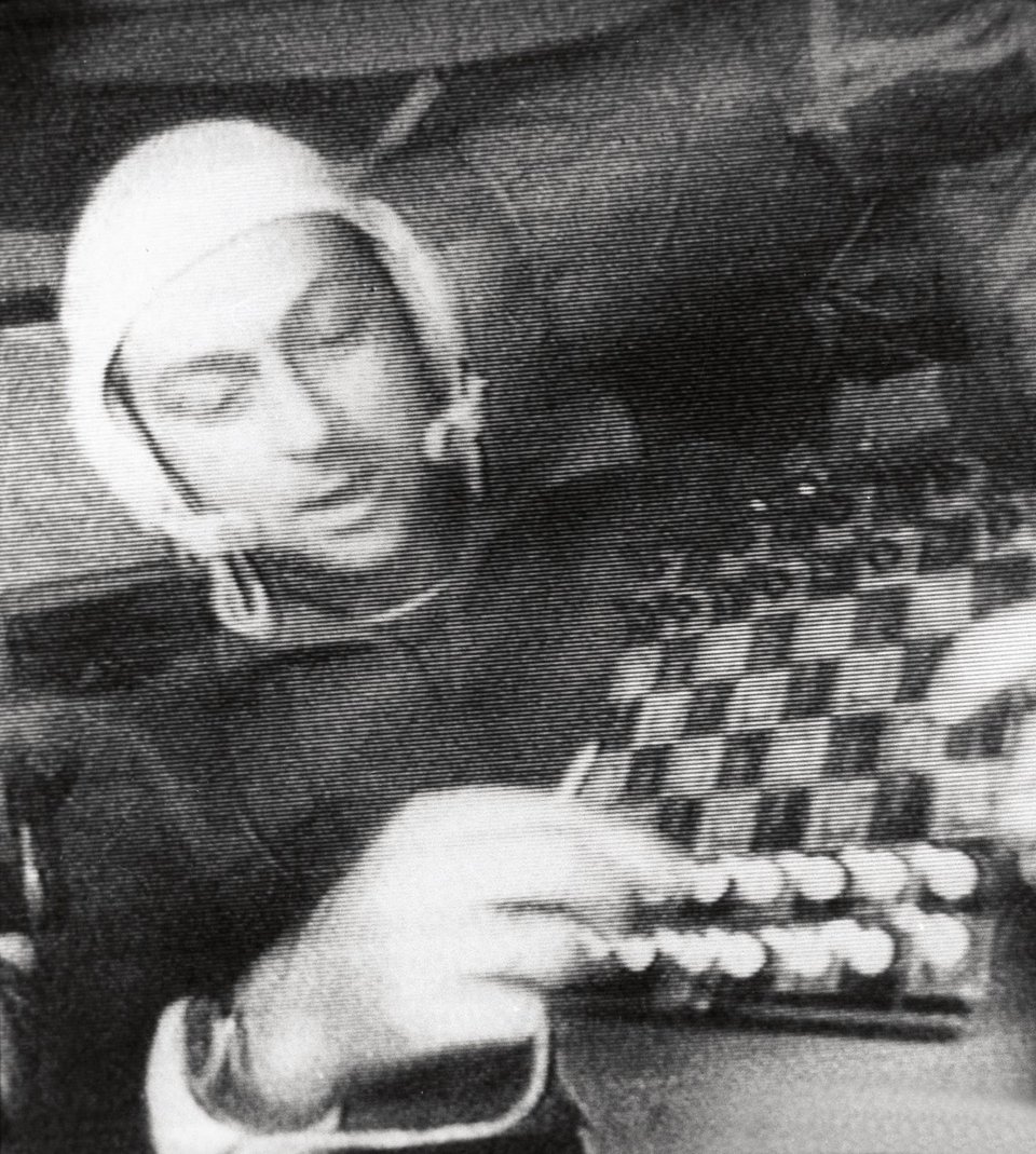 Cosmonaut Vitaly Ivanovich Sevastyanov plays chess in space, 1970.
