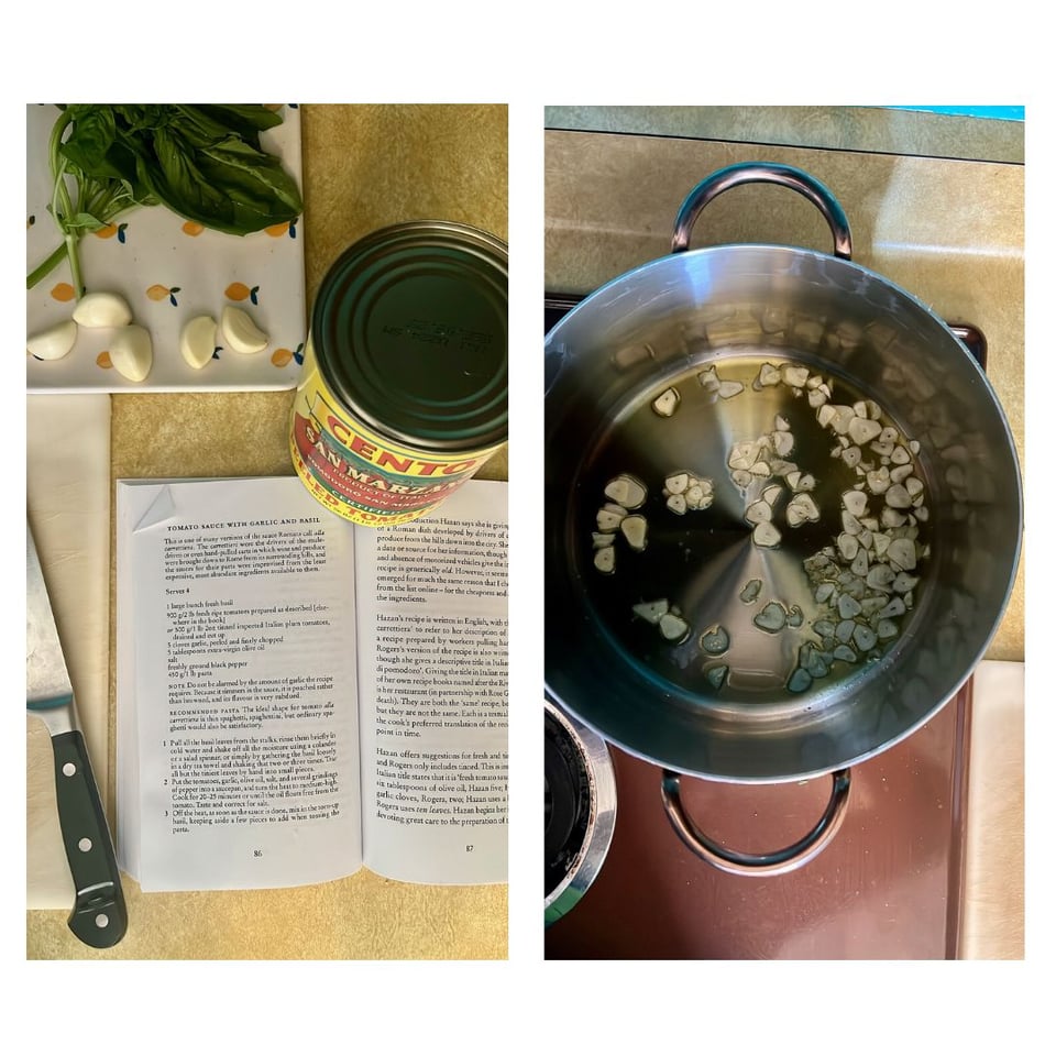 A collage of two images - image 1 shows an open book with a recipe and cutting board nearby, image 2 shows a pot on the stove with olive oil and garlic slices cooking