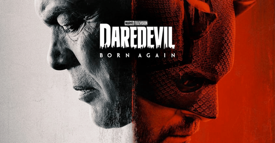 A promotional poster for "Daredevil: Born Again," featuring a split image of a man's face juxtaposed with the masked superhero's profile, set against contrasting gray and red backgrounds.
