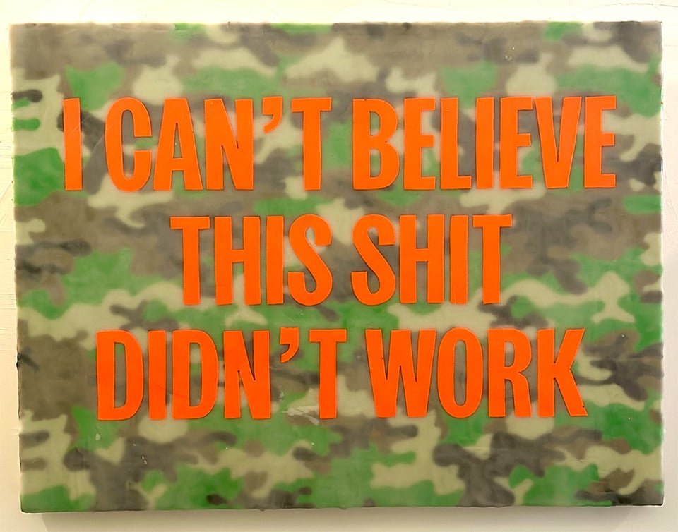 Painting. Camo background with orange text overlay that says I CAN'T BELIEVE THIS SHIT DIDN'T WORK.