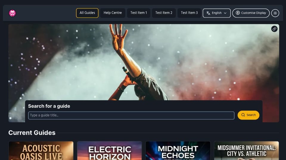 Screenshot of the new fan landing page. Showing a prominent banner, new search box and the ability to add links to the banner.