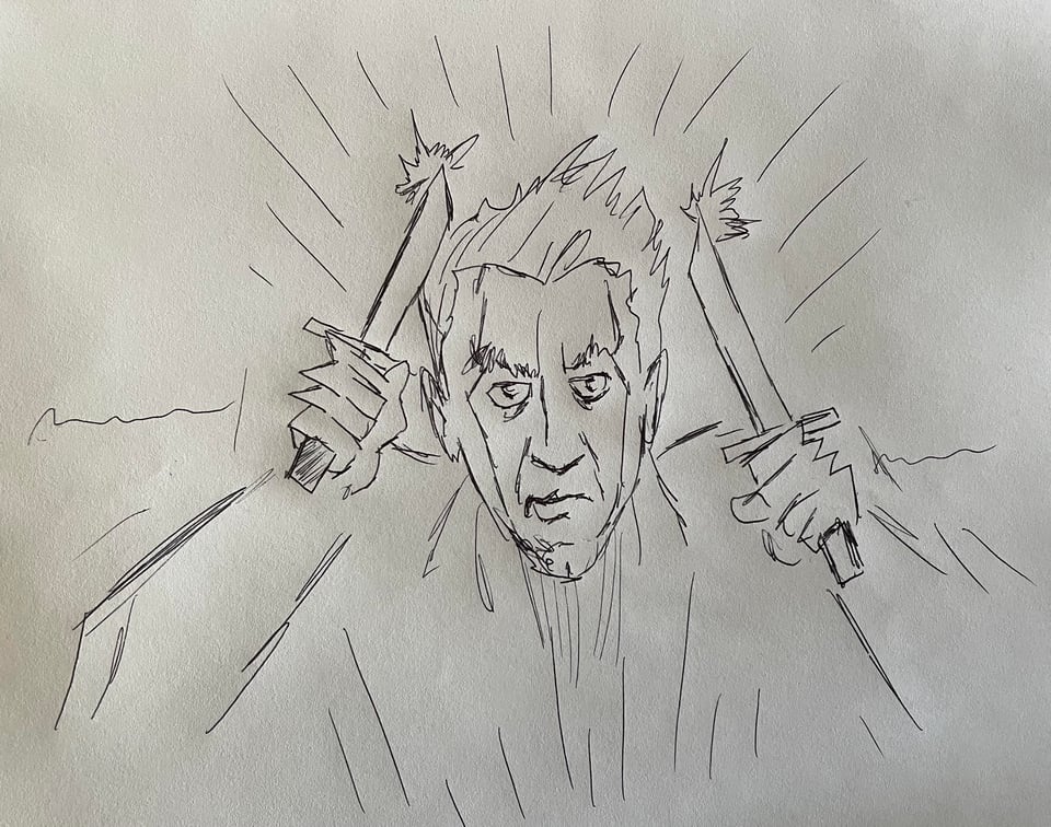 A rough sketch of a sketchy person holding up two large knives