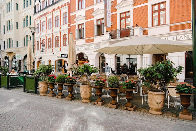 A view of an outdoor patio from the street. The table and chairs are bordered by plants in ornate pots.