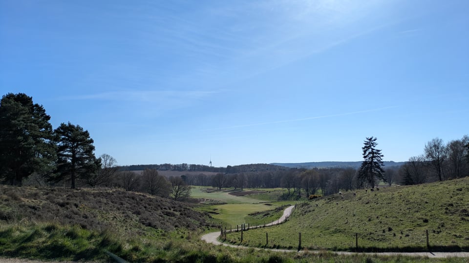 Par 3 13, downhill view from the tee, six greenside bunkers lurking