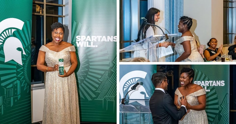 A woman in a gold dress holds an award while standing before green Spartan-themed banners. In other scenes, she interacts with speakers at podiums and shares moments of celebration with others.