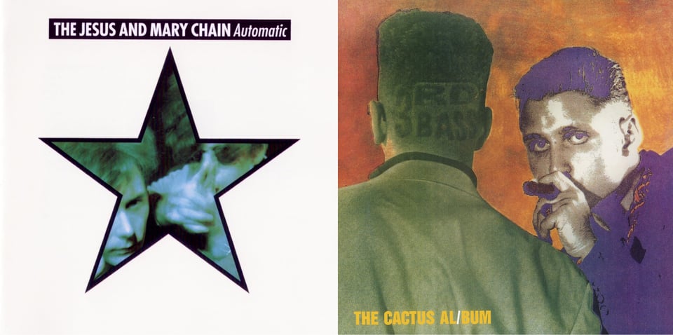 First pic: An offwhite background with a large star in the middle. Within the star is a blue-green toned photograph of the faces of Jesus and Mary Chain bandmembers Jim Reid and William Reid. They are both pale white men with shaggy dark hair; one wears sungIasses. I don't know which one's Noel and which one's Liam, I don't know know which one's Tegan and which one's Sara, and I don't know which one's Jim and which one's William. And I like it that way. Second pic: A picture of MC Serch on the left and Prime Minister Pete Nice on the right, both of 3rd Bass. MC Serch has his back to us. He is tinted green and has tall curly hair that has been shaved on the sides. On the back of his head/neck "3rd Bass" has been shaved into his hair. Pete Nice is tinted purple and is facing us. His mouth is obscured by the big cigar he's holding in his mouth. The background is dark orange.