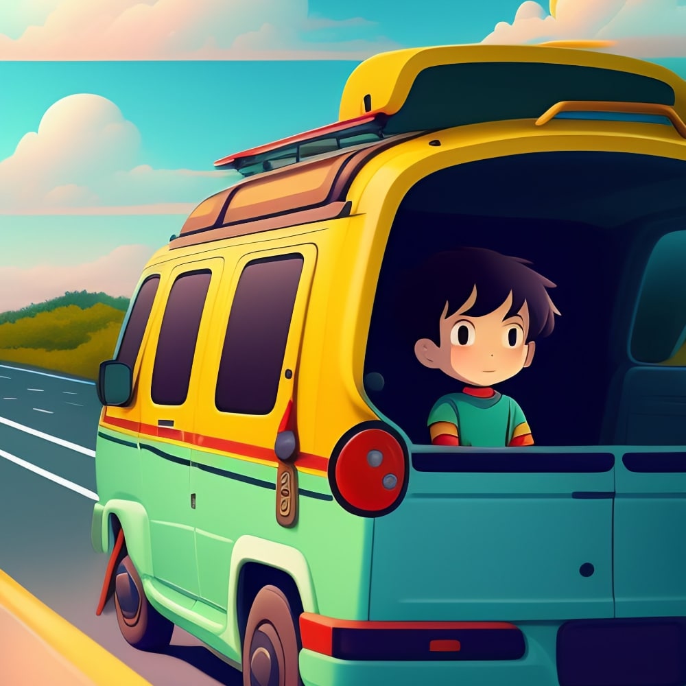 A boy looking out the back of a minivan on a road trip.