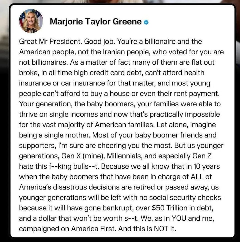Marjorie Taylor Greene attacks Trump and his war.