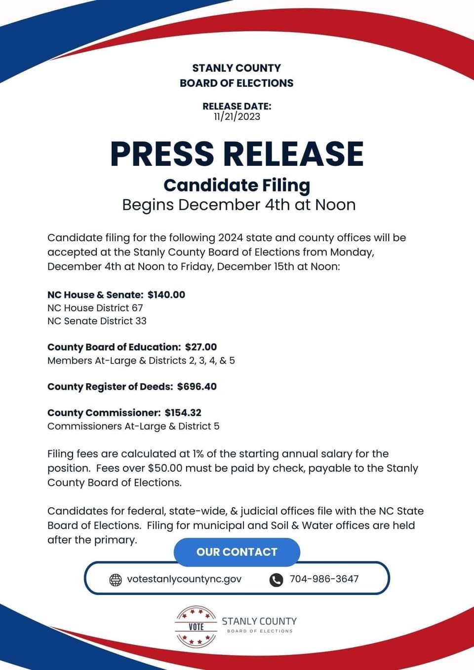 Stanly County BOE Press Release for December 4, 2023