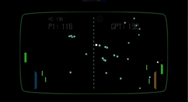 An animated gif showing a black screen with a game of pong ongoing. Each side has a green paddle, moving up and down, and the two players are volleying two dozen glowing pong balls, which move across the screen in a flock, almost like a group of sparrows or geese. There are also three smaller tiny paddles bouncing balls back-and-forth, and several electrical waves, crackling back-and-forth, as well as two small power-ups.
