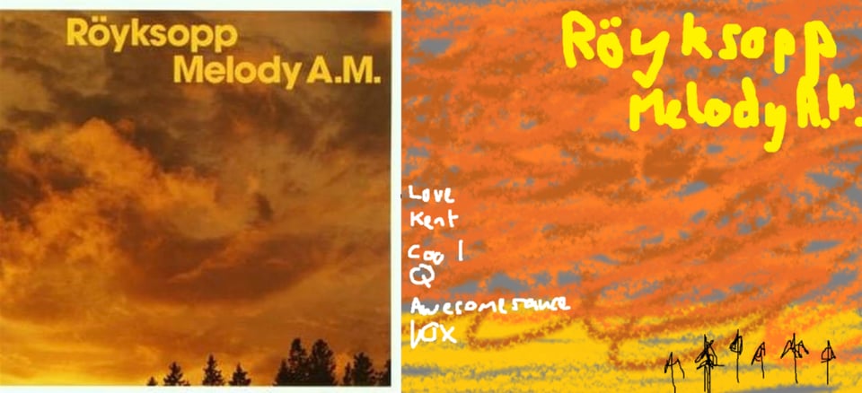 A shot of the sky, covered with swirling clouds. The sun is setting/rising at the bottom, and it paints the sky and clouds in various tones of orange, yellow, rust, and brown. The tops of a few trees poke up at the bottom of the image.