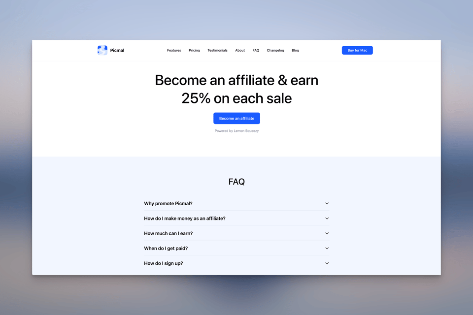 Affiliate landing page in Picmal