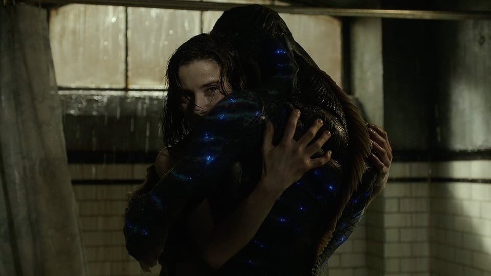 Elisa and the Creature hugging.