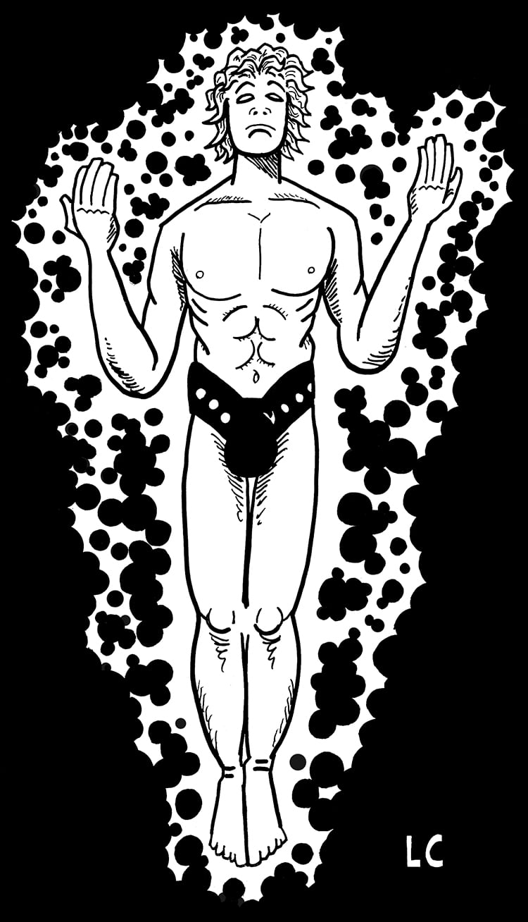 A nearly-naked man hovers in the air, surrounding by crackling energy.