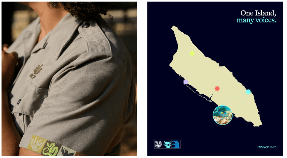 a woman wearing a shirt with animal icons on it and a map highlighting a region
