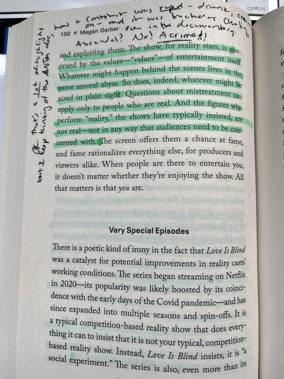 A page from "Screen People" by Megan Garber, with a green highlighted paragraph and nearly-illegible handwriting in the margin. The text is about reality TV show producers; my note is about a documentary I'd watched recently on American's Next Top Model.