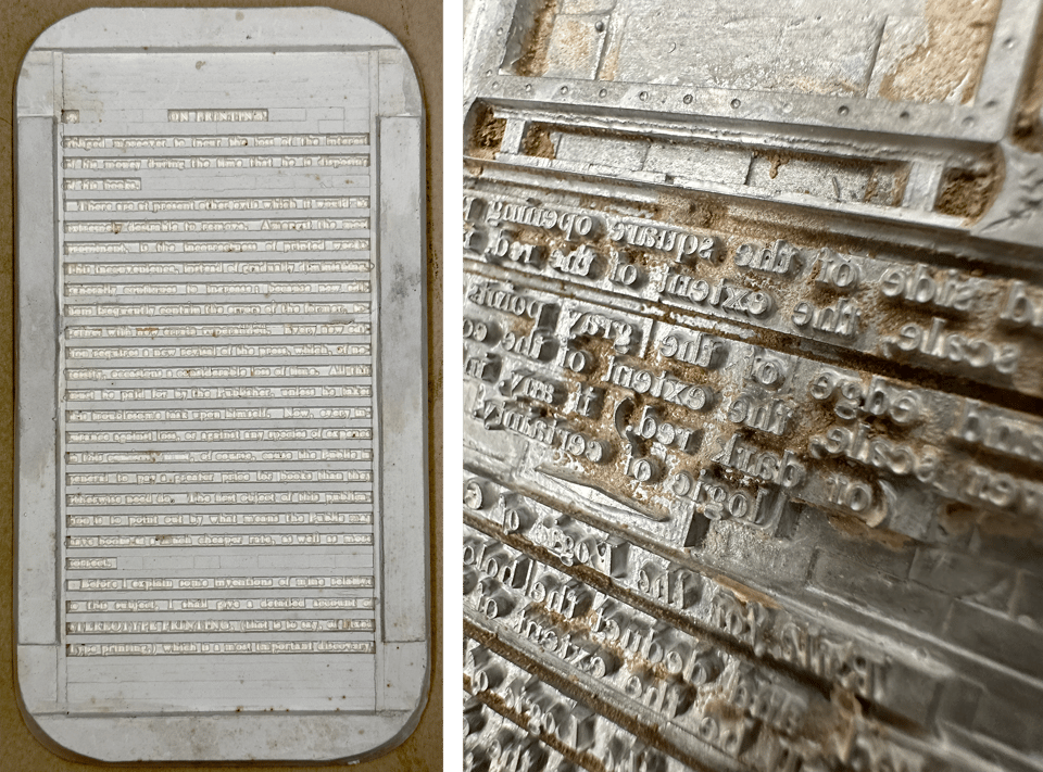 Images side by side of a c. 1805 plaster mold for casting metal printing plates (left), and a plate cast from such a mold with raised type showing bits of adhered plaster