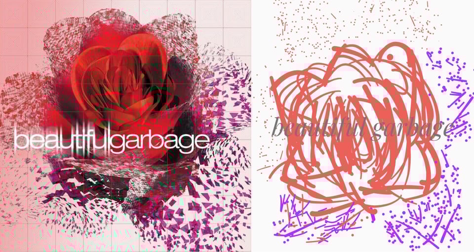 On a pink gridded background is a picture of a rose. The outside petalls are breaking into tiny red and purple polygons, as if disintegrating into digital garbage.