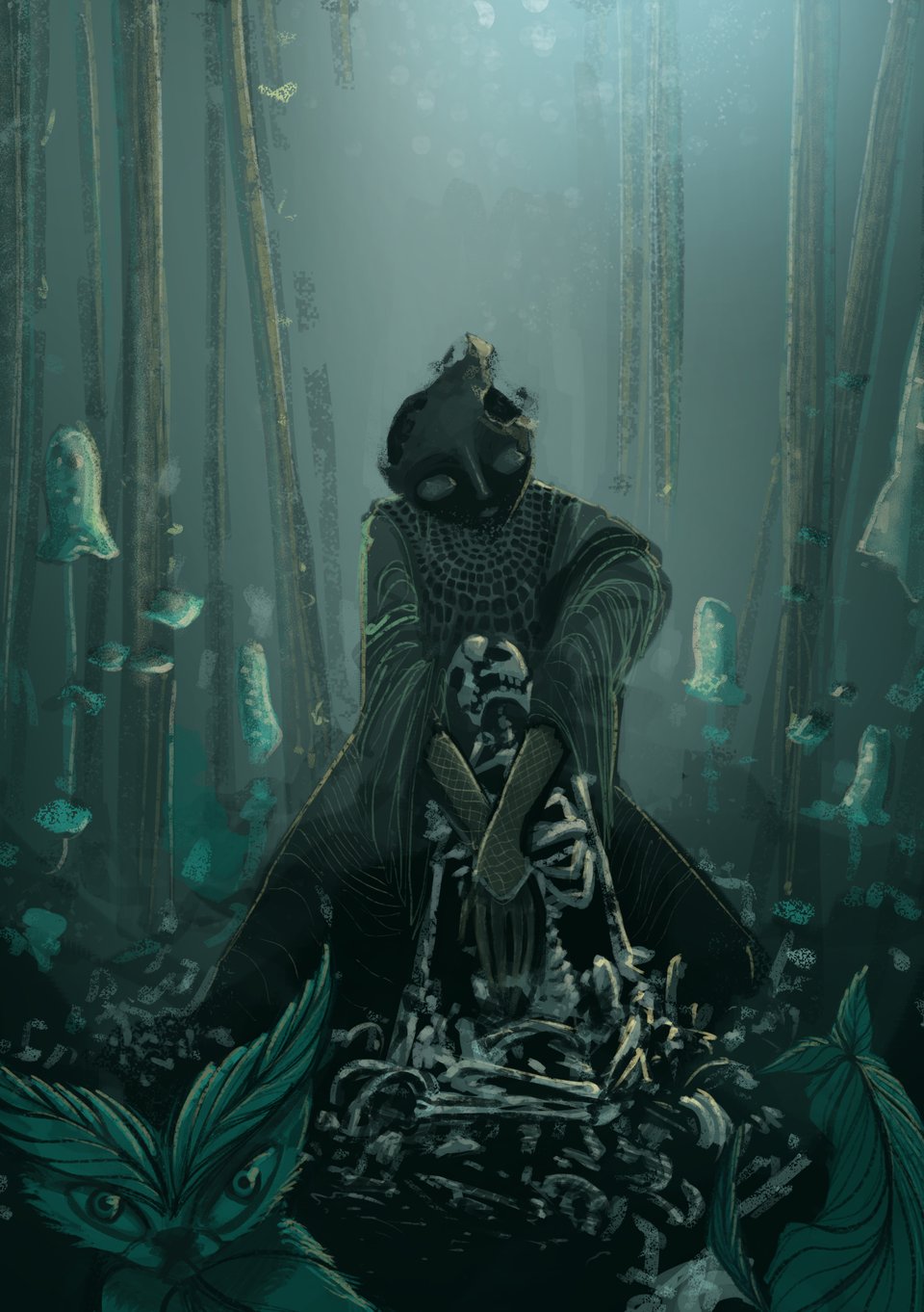 The cover to Sisterhood of the Splintered Bone: the Malefodora nurses a skeleton; fern cats flit about