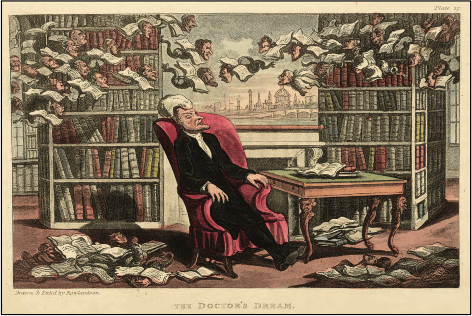 A well-dressed man reclines in a plush pink chair, asleep, as books with faces fly around the library he is in.