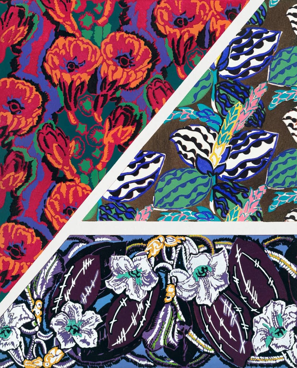 Triptych of three very colorful illustrations of flowers