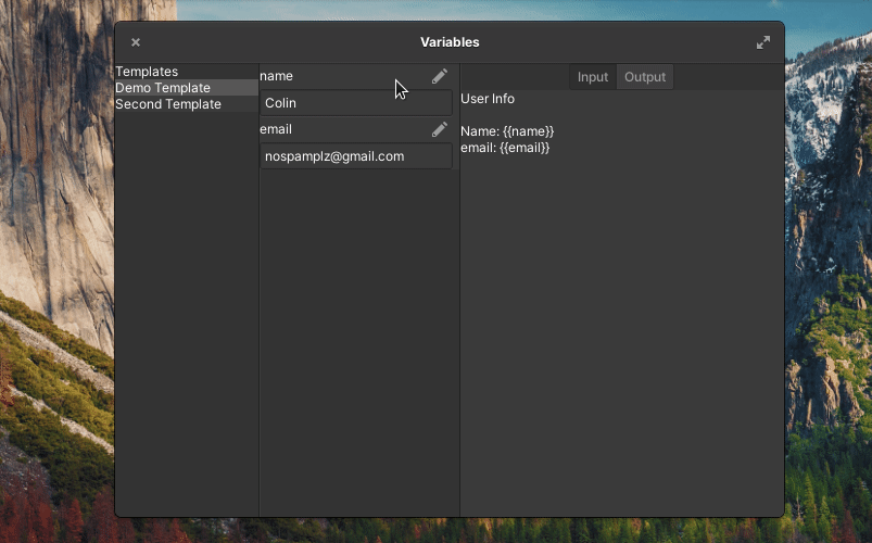 Showcasing near real-time template output previews with the Variables app in dark theme mode