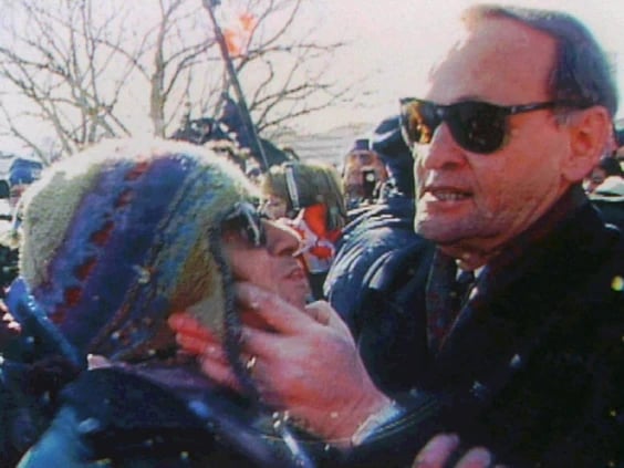 Former Canadian prime minister Jean Chrétien, on his way into a meeting at Mar-a-Largo with Donald Trump, pauses to discuss the proposed annexation of Canada with one of Trump’s aides.