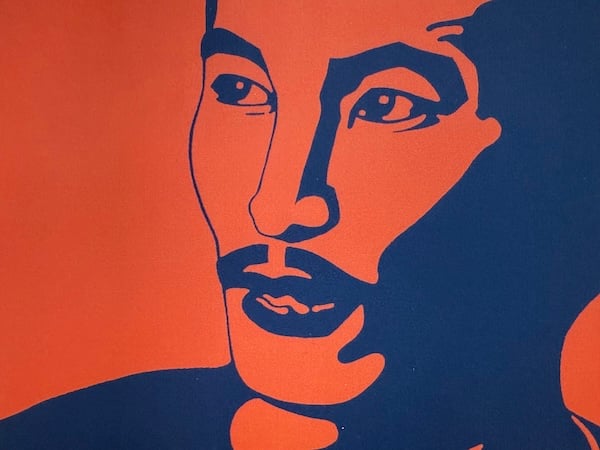 Stylized image in dark orange and navy blue of an Asian man with a mustache in three-quarters side profile. From a closeup of the cover of the book Freedom without Justice: The Prison Memoirs of Chol Soo Lee.
