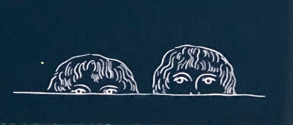 A blue background with a white sketch of the top half of two kids’ heads, peering inquisitively.