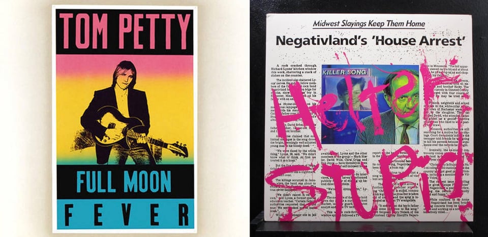 First pic: A photo of Tom Petty, a skinny white guy with a long narrow face, playing a guitar. He has an odd look on his face; he may be biting his lip? The photo is tinted rainbow style, going from red at the top to yellow (which covers most of Petty's body), to blue at the bottom. Second pic: A mockup of a newspaper article. The top reads "Midwest Slayings Keep The Home" then below that "Negativland's 'House Arrest'". Below that is the text of a four column newspaper article, and nestled between is a screengrab of a TV news segment. There is a news reader on the right, a balding white man in a jacket and tie, and behind him is the picture of a smiling white teenager. Above the teenager it says "KILLER SONG." Across all of this, written in pinkish-red and in a way to suggest it was written with a finger dipped in blood, is HELTER STUPID.
