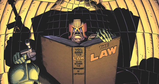 Judge Dredd sits on a chair reading a book on The Law whilst holding a gun.