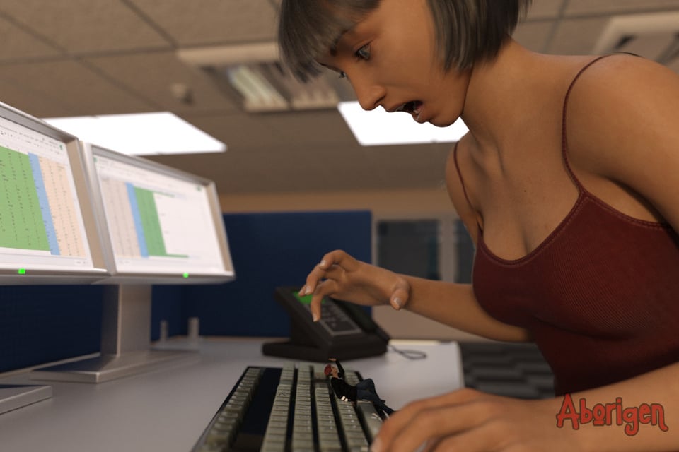 A tiny man lies on the keyboard of a gigantic woman, who looks down at him in shock.