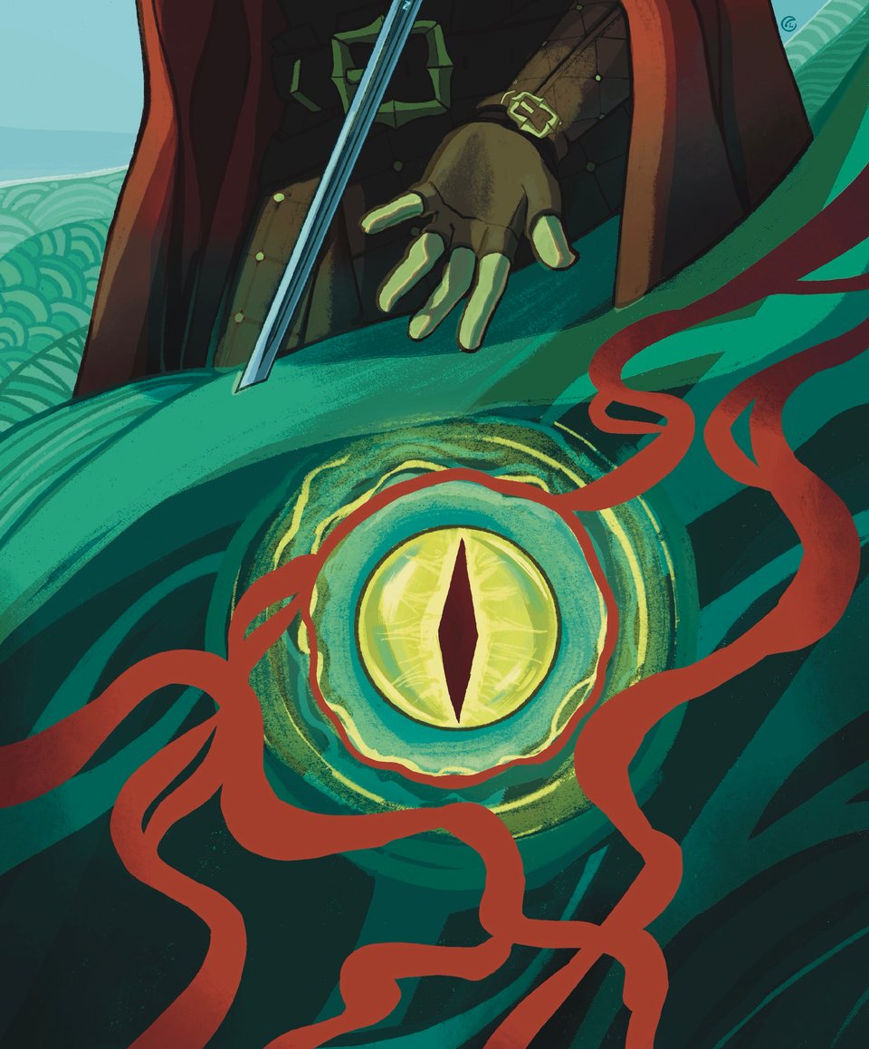 Crop of a digital illustration. Fjord Stone's hand is visible, having just dropped the eye of Uko'toa.