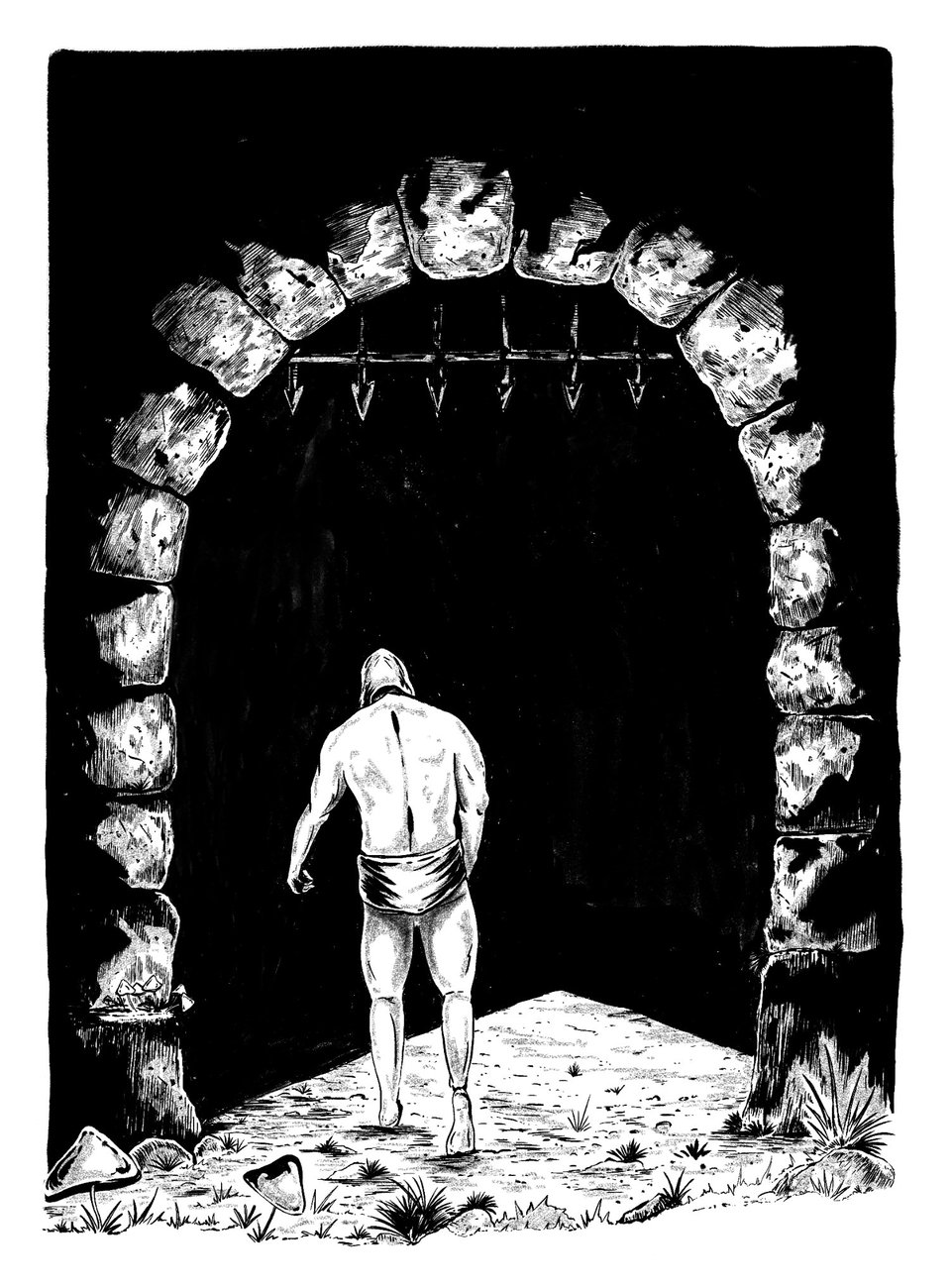 A black and white drawing of a shirtless man, seen from behind, heading under a portcullis into the darkness.