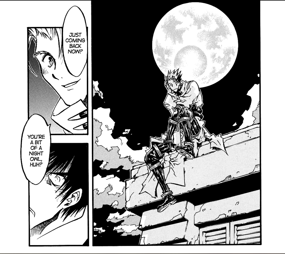 Three panels from trimax, vash sits smiling on a roof, backlit by fifth moon, the gaping hole behind his head. he speaks to wolfwood, still smiling, who stares in abject horror at him