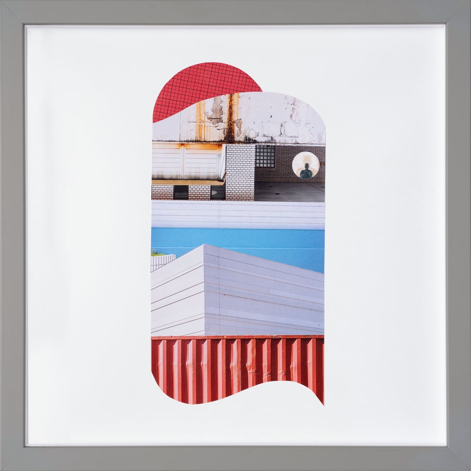 Collage of layered urban surfaces and colour with the detail of small human figure within.